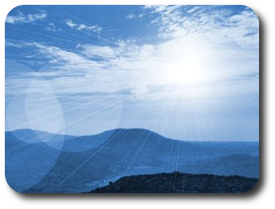 Picture of a sunburst over a soft blue rolling hills scene, showing 
serenity and peacefulness coming from above.